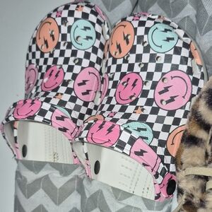 Checkered Clog Shoes with Pink, Orange & Teal Smiley Pattern